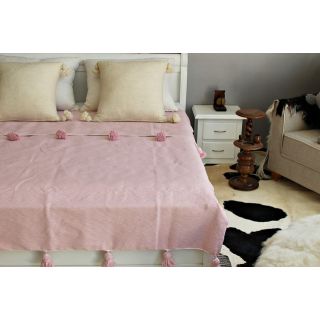 Pink Pom Pom Moroccan Blanket - Handwoven Wool Cotton Blend