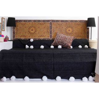 Handcrafted Black Moroccan Wool Pom Pom Blanket