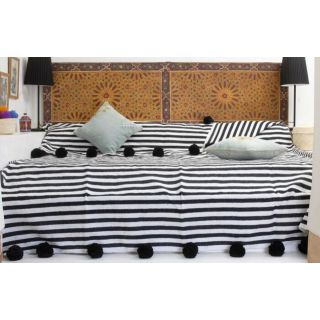 Moroccan Handmade Pom Pom Throw Blanket - Black & White Stripes