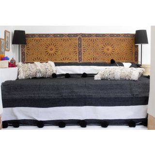 Hand-Woven Moroccan Pom Pom Blanket with Black Poms