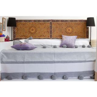 Luxurious Grey Moroccan Pom Pom Blanket - Handcrafted 100% Cotton Blanket with Stylish Grey Pom Poms