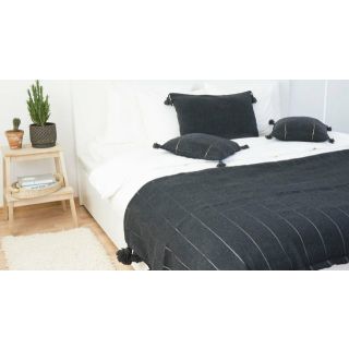 Handwoven Moroccan Black Pom Pom Cotton Blanket