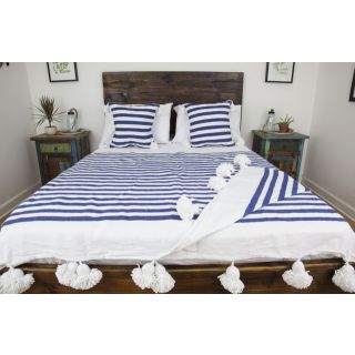 Moroccan Cotton Pom Pom Blanket - White and Blue Striped