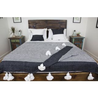 Hand-Woven Black and White Moroccan Pom Pom Blanket