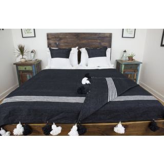 Hand-Woven Moroccan Pom Pom Wool Blanket | White & Black Striped