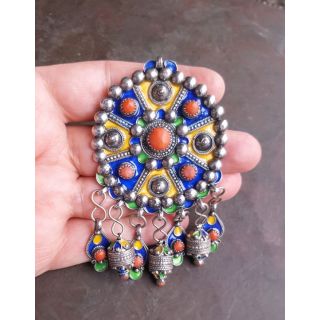 Berber Vintage Silver Fibula Brooch 122 with Traditional Beaded Design