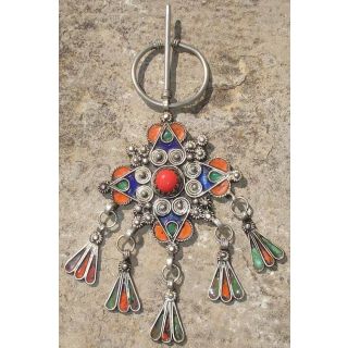 Moroccan Berber Fibula Brooch Enamel Finish Vintage Silver