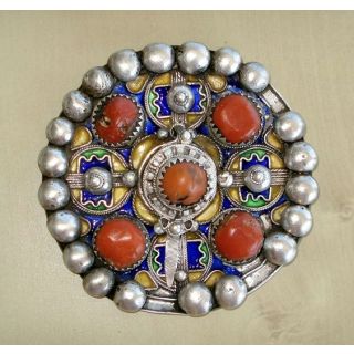 Moroccan Berber Enameled Fibula Brooch with Charms