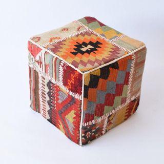 Vibrant Moroccan Wool Carpet Poufs - Handmade Southwestern Ikat Design