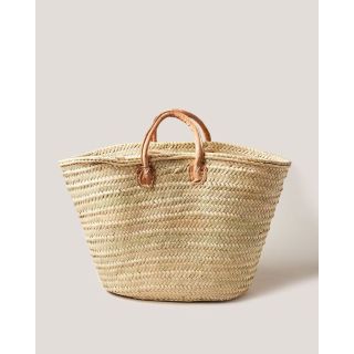 French Market Basket with Leather Handles - Handwoven by Moroccan Artisans