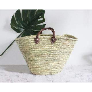French Market Basket with Leather Handles - Handwoven Eco-Friendly Design for Beach Outings and Shopping - Sustainable and Stylish Organizer
