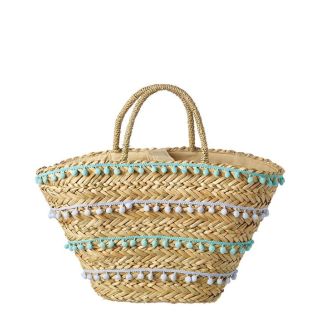 White and Blue Pom Pom Handwoven French Market Basket