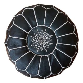 Handmade Black Leather Moroccan Pouf with Flower Embroidery