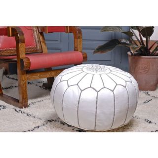 Luxurious Moroccan Leather Pouf with Elegant White Embroidery for Home Decor