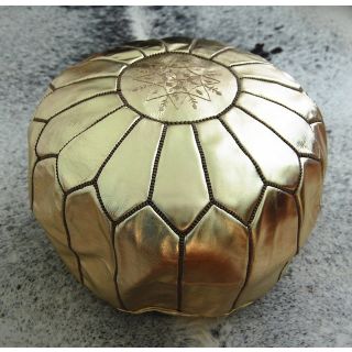 Luxurious Gold Leather Pouf - Handcrafted Moroccan Charm