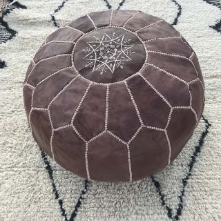 Moroccan Dark Brown Embroidered Leather Pouf 150 for Stylish Decor