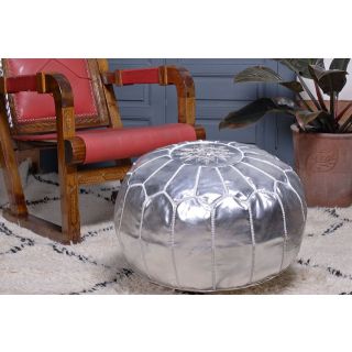 Moroccan Handmade Genuine Leather Pouf - Exquisite Silver Seating