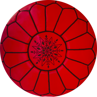 Handmade Moroccan Leather Pouf with Red and Black Embroidery