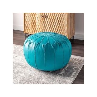Embroidered Sky Blue Moroccan Leather Pouf - Handcrafted Genuine Leather Poufs from Marrakech, Elevate Your Home Decor and Add Cozy Seating