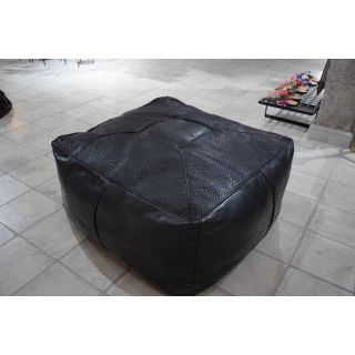Handmade Black Embroidered Leather Poufs from Marrakech