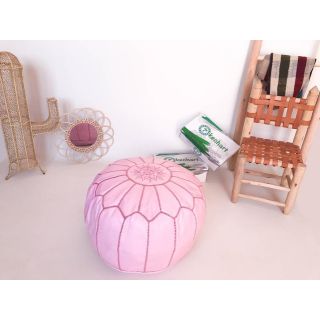 Handcrafted Moroccan Leather Pouf - Pink Embroidered Handmade Pouf
