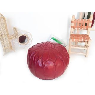 Cherry Red Embroidered Moroccan Leather Pouf