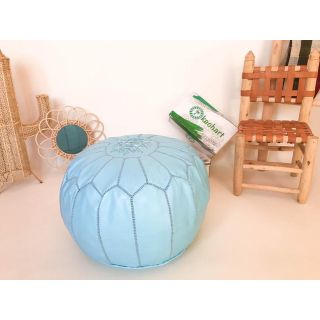 Blue Embroidered Moroccan Leather Pouf - Handmade, Genuine Quality