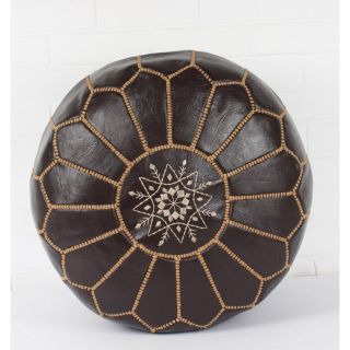 Moroccan Embroidered Leather Pouf - Dark Brown Luxurious Seating
