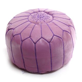 Violet Embroidered Moroccan Leather Pouf | Handmade in Marrakech