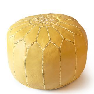 Yellow Moroccan Leather Pouf | Handmade Embroidered Seating