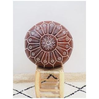 Authentic Moroccan Tan Flower Leather Poufs for Cozy Home Atmosphere