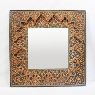 Vintage Moroccan Orange Carved Wood Square Mirror