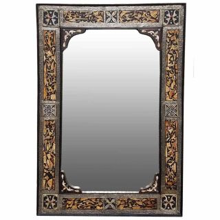Moroccan Metal Mirror with Engraved Silver and Brown Leather Frame