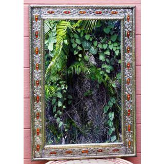 Moroccan Silvered Metal Engravings and Amber Stone Mirror