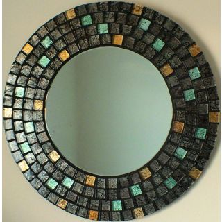 Handcrafted Dark Grey Moroccan Mirror | Teal & Gold Tile Insets