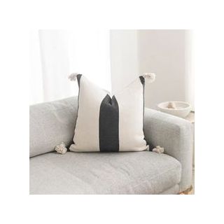 Handmade Moroccan Pom Pom Pillow - Black and White Pattern