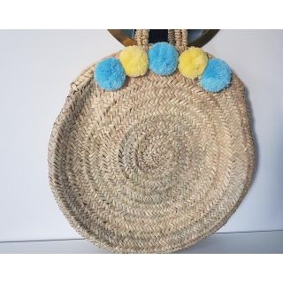 Chic Blue and Yellow Pom Pom Handwoven Basket