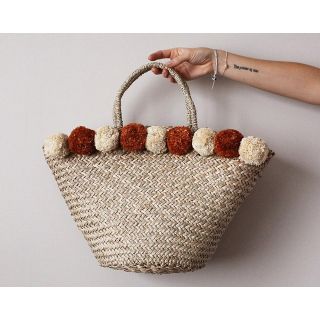 Moroccan Berber Pom Pom Basket with Beige and Brick Accents