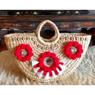 Moroccan Berber Red and White Pom Pom Handmade Baskets