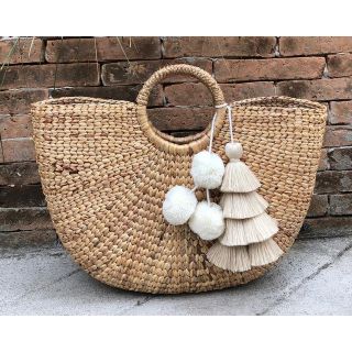 Moroccan Handmade Beige and White Pom Pom Baskets