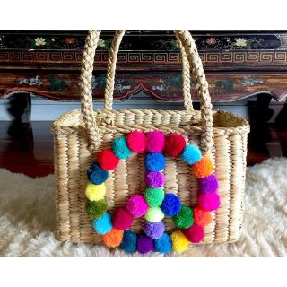 Moroccan Handwoven Pom Pom Basket | Multicolored Peace Sign Design