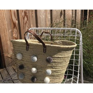 Handwoven Moroccan Pom Pom Baskets - Gray and White Basket