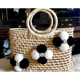 Moroccan Flower Pom Pom Basket - Handmade Eco-Friendly Storage & Beach Tote