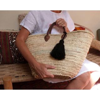Handwoven Eco-Friendly Pom Pom Basket with Black Handle