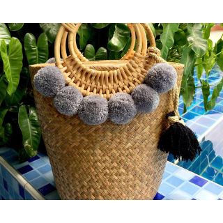Moroccan handwoven pom pom baskets with gray accents
