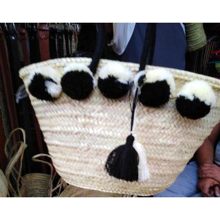 Black and White Pom Pom Handwoven Basket