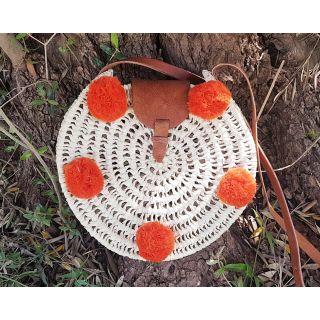 Moroccan Handwoven Pom Pom Basket - Vibrant Orange Eco-Friendly Design