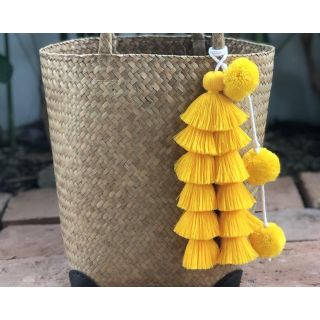 Handmade Yellow Pom Pom Basket - Moroccan Berber Craftsmanship