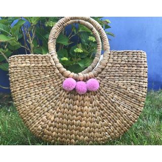 Pink Pom Pom Moroccan Semicircle Basket - Handwoven Eco-Friendly Storage Basket