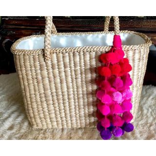 Moroccan Handmade Red Pink Purple Pom Pom Basket 007